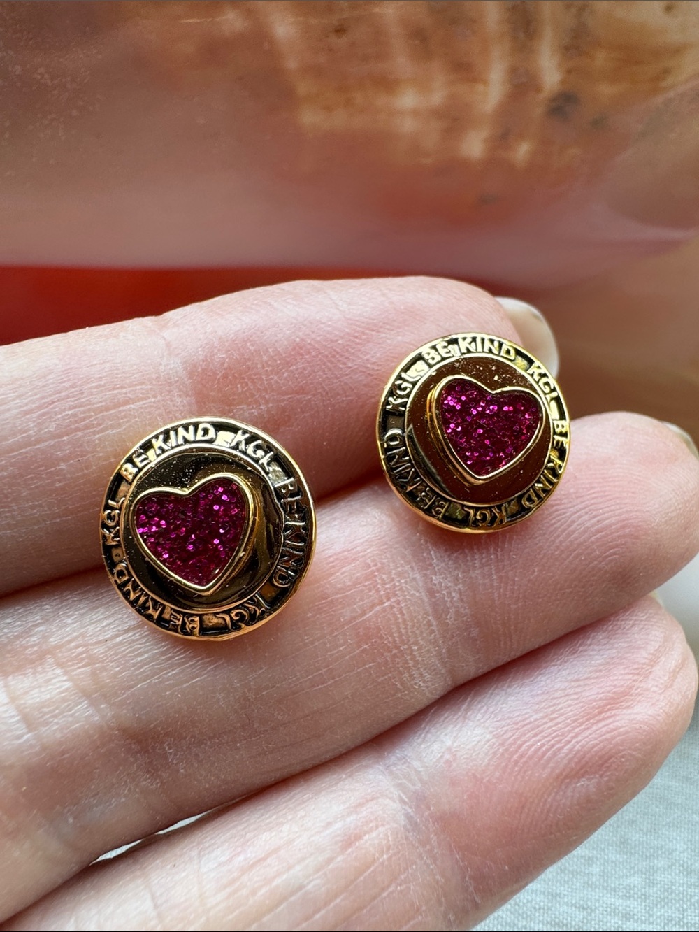Kurt Geiger Red Glitter Stone Hearts Gold Tone Pierced Earrings
